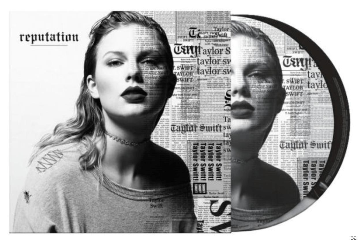 Taylor Swift 'Reputation' album borítója két képével, jobbra egy CD látható.