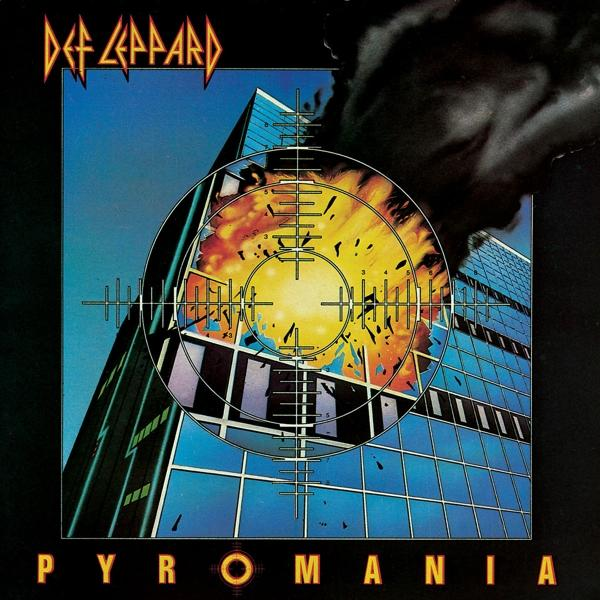 Album borító. Épület célkeresztben, robbanás középen. Def Leppard logó felül, 'Pyromania' alul.