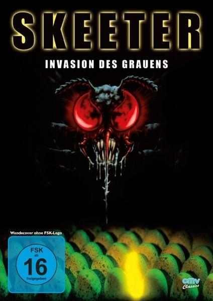 Filmposter mit großem Insektenkopf mit roten Augen, Titel 'Skeeter' und Eiern im Hintergrund.