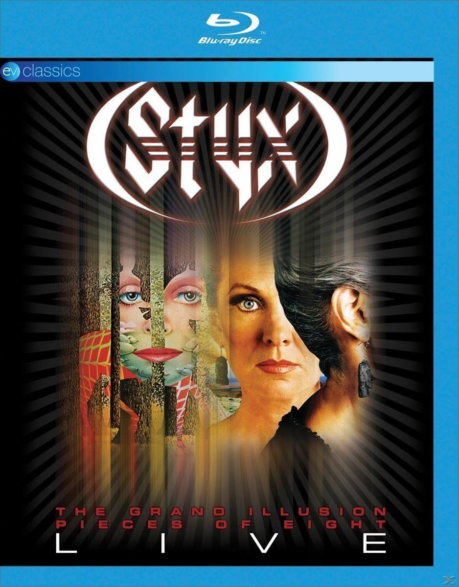 Blu-ray-Cover: Styx, The Grand Illusion, Pieces of Eight Live, Gesichter, Bühnenlicht.