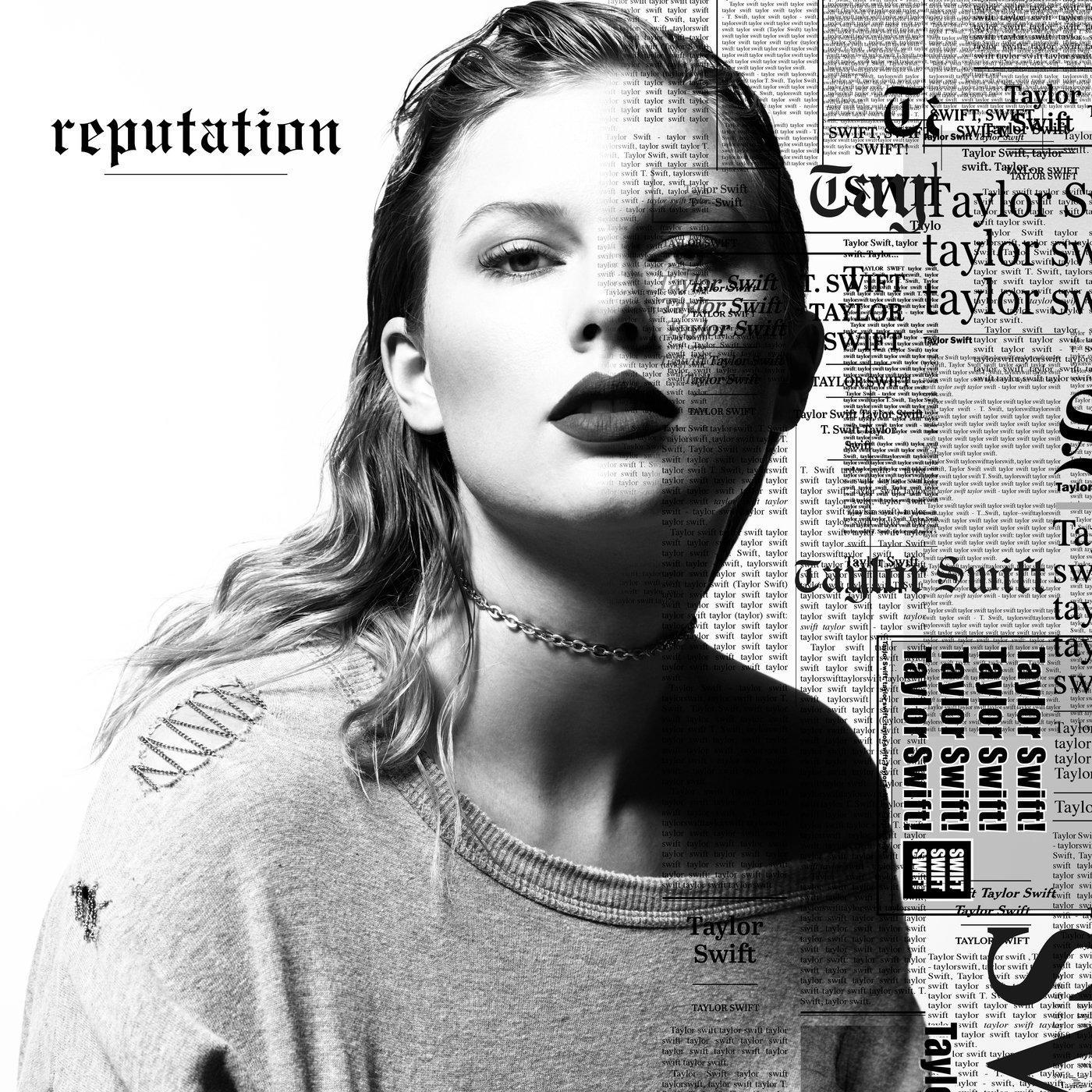 Ein Schwarz-Weiß-Foto von Taylor Swift mit dem Text 'reputation' und Zeitungshintergrund.