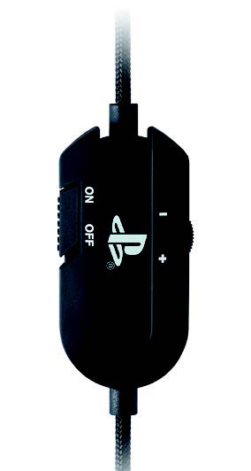 Ein schwarzer PlayStation-Controller-Aufsatz mit Lautstärkereglern und einem Ein/Aus-Schalter, vor Weiß.