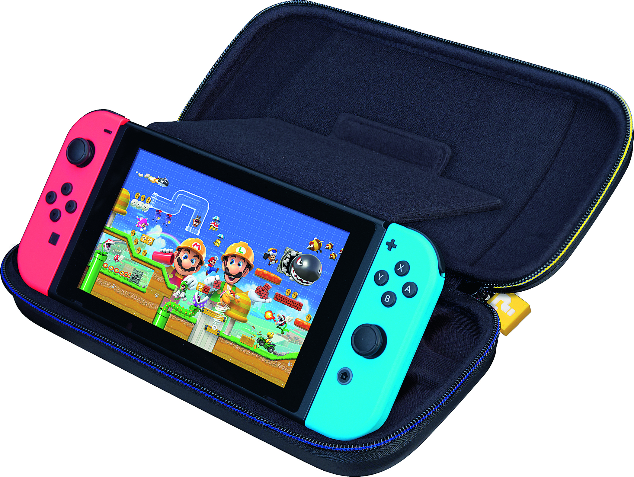 Nintendo Switch-Konsole in einem blau-roten Gehäuse.