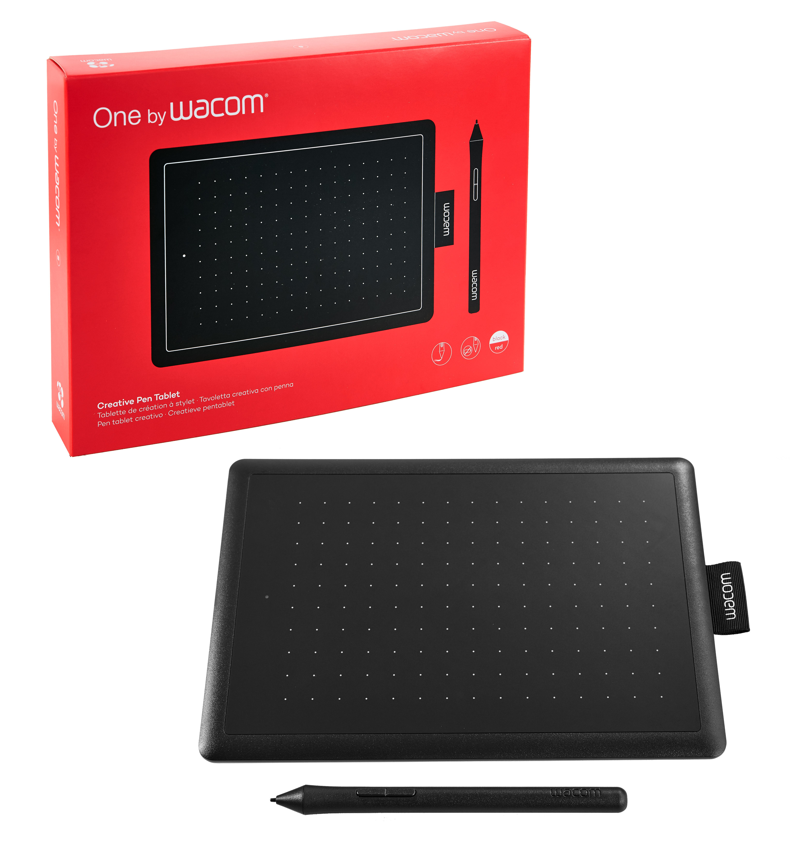 A Wacom pen tablet with a pen and packaging. The tablet and pen are black.