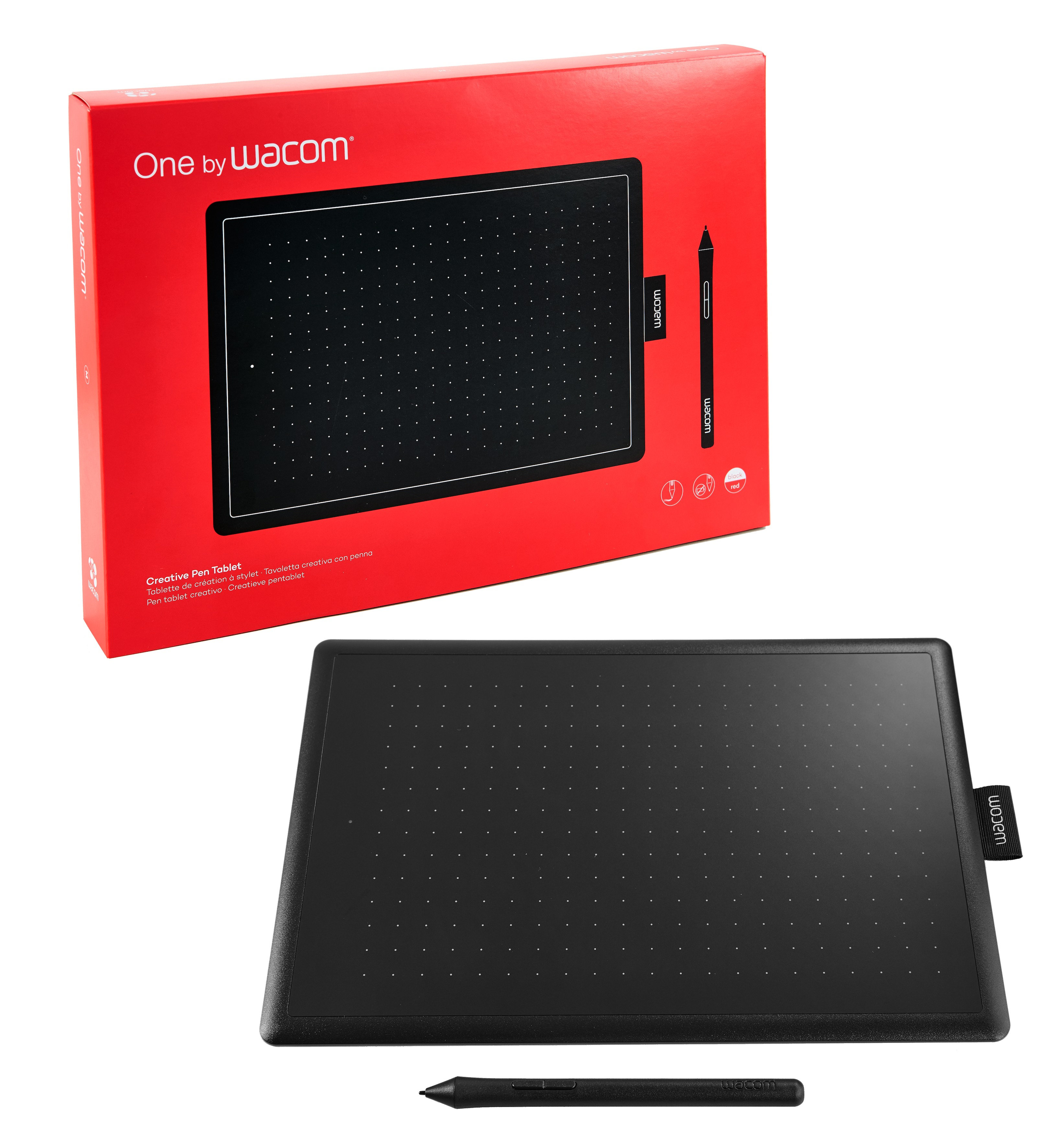 A red box with a black tablet and pen. It is a Creative Pen Tablet from Wacom.