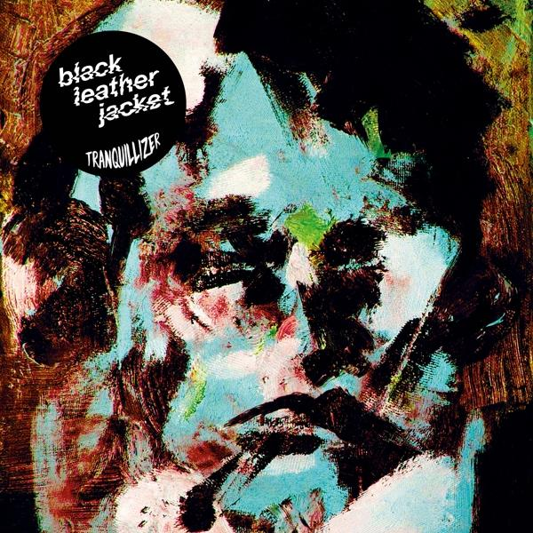 Abstract kunstportret met een zwarte cirkel met de tekst "black leather jacket" en "Tranquillizer".