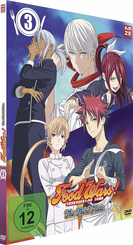 Anime-DVD-Cover. Zeigt mehrere animierte Charaktere mit dem Titel 'Food Wars! The Third Plate'.