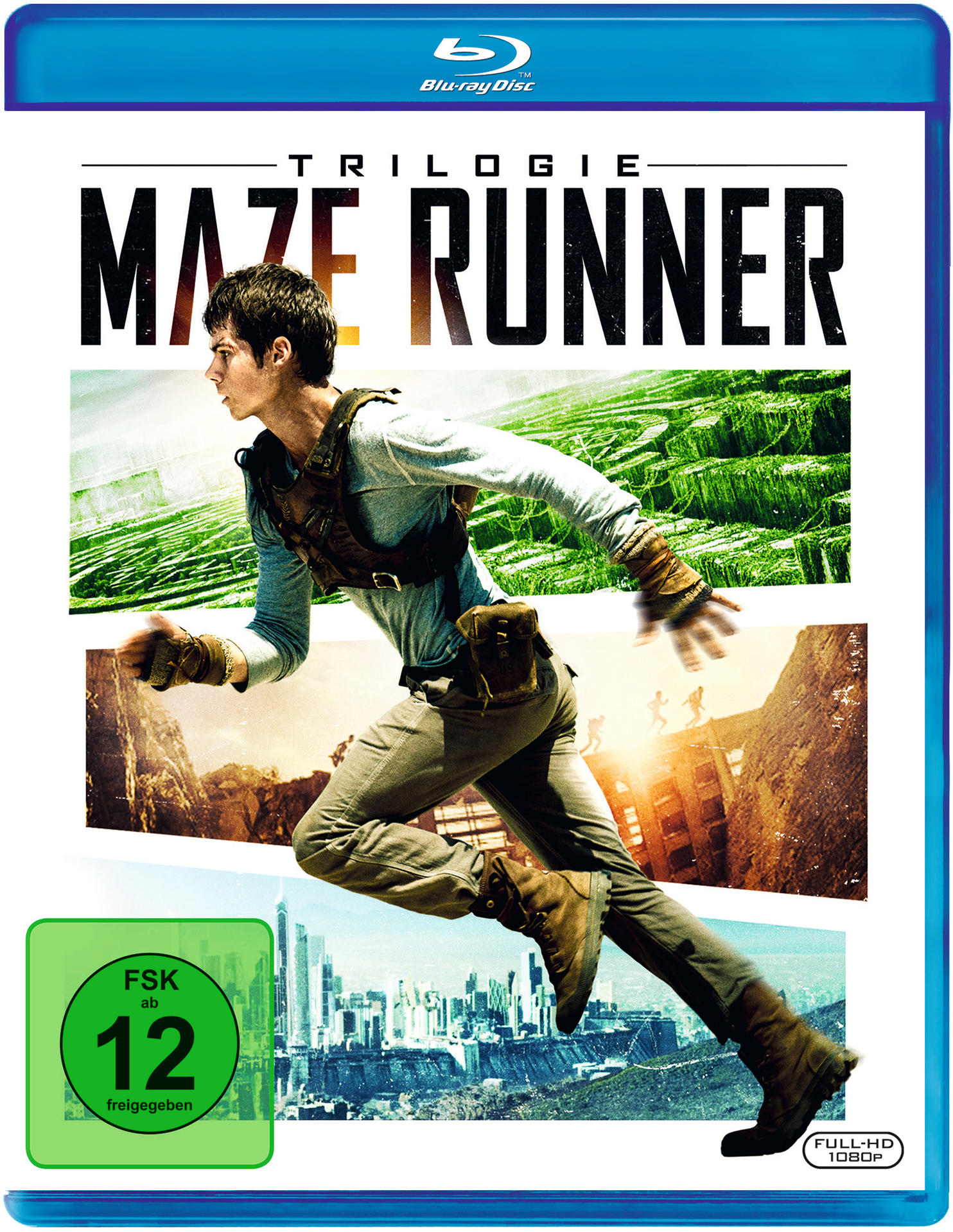 Blu-ray-Cover der Maze Runner-Trilogie. Mann rennt in einem Labyrinth.