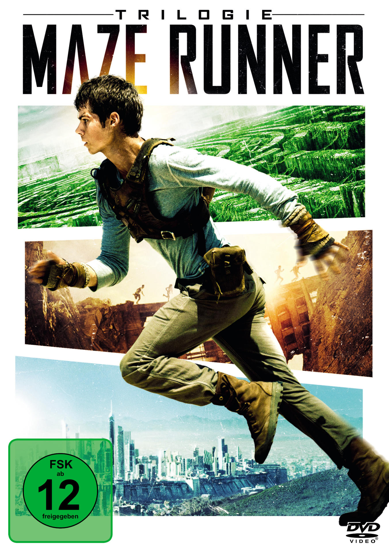 DVD-Hülle mit einem Mann, der durch ein Labyrinth rennt. Der Titel lautet „Maze Runner“. Grün, braun und blau.