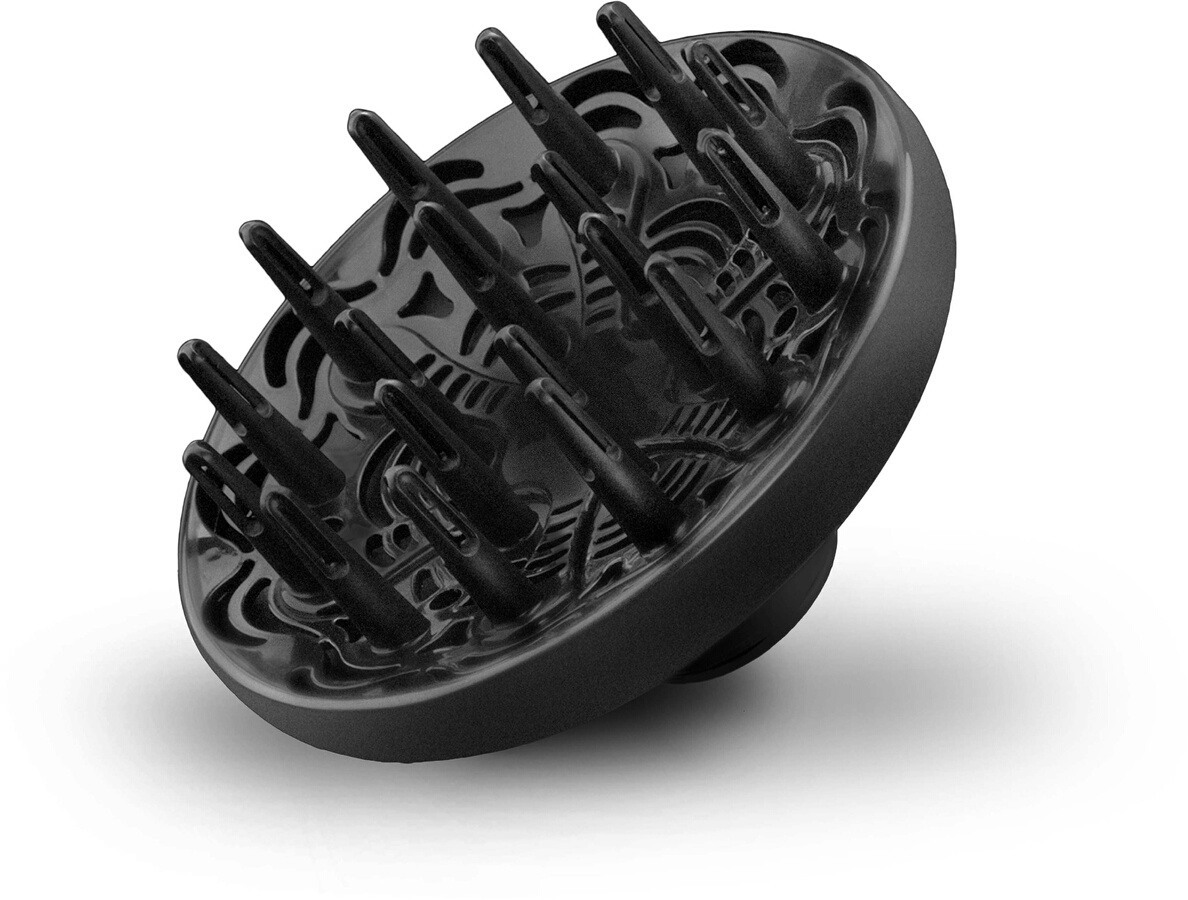 Zwarte haardroger diffuser. Het heeft een ronde vorm met spikes aan de binnenkant en een witte achtergrond.