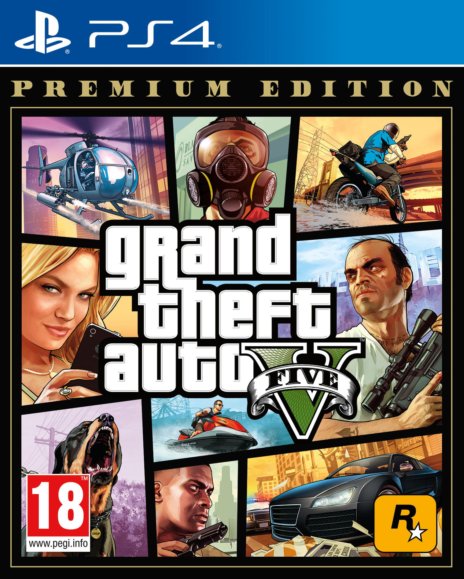 GTA V game cover with characters and vehicles. Includes logo, game title, and age rating.