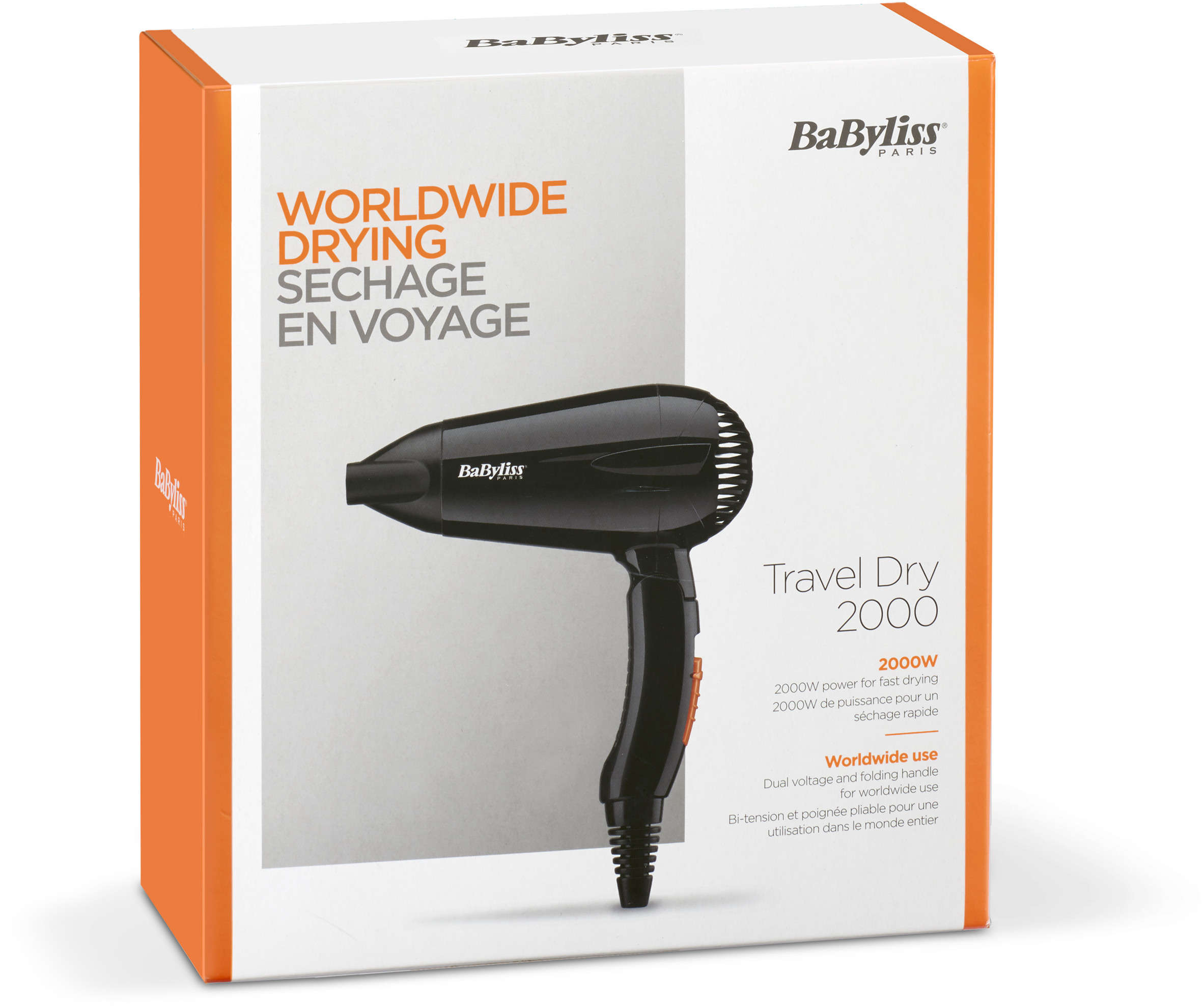 Zwarte haardroger in een oranje en witte doos met productdetails en merknaam.