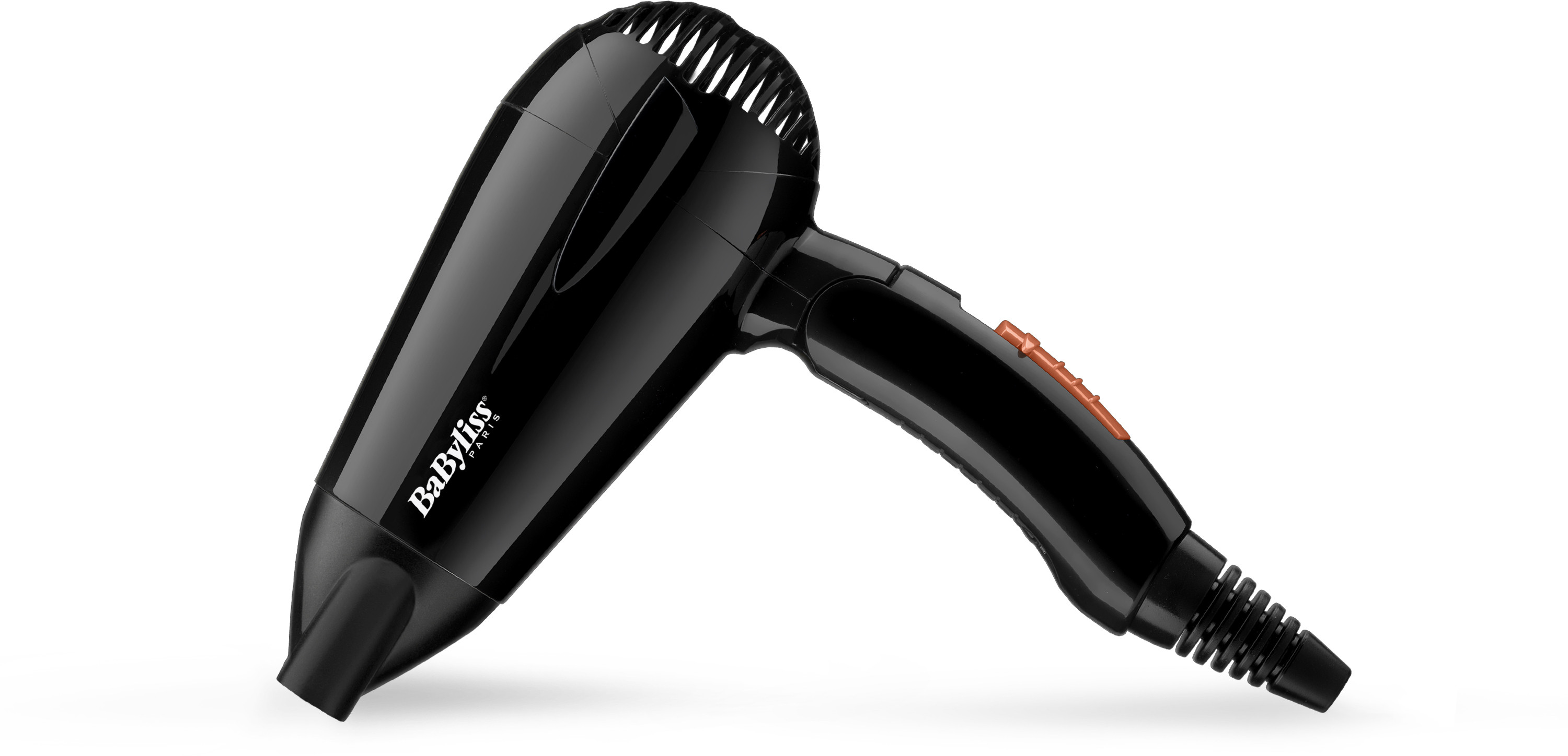 Zwarte haardroger met de merknaam 'Babyliss' op de zijkant en een oranje knop.