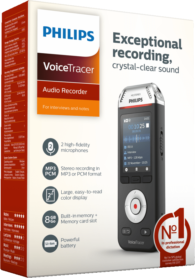 Ein Philips VoiceTracer Audiorecorder in der Box, mit seinen Funktionen und dem Bildschirm sichtbar.