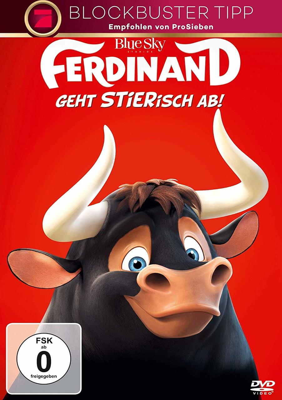 DVD-Cover des Films 'Ferdinand'. Das Cartoon-Gesicht eines Bullen auf rotem Grund.