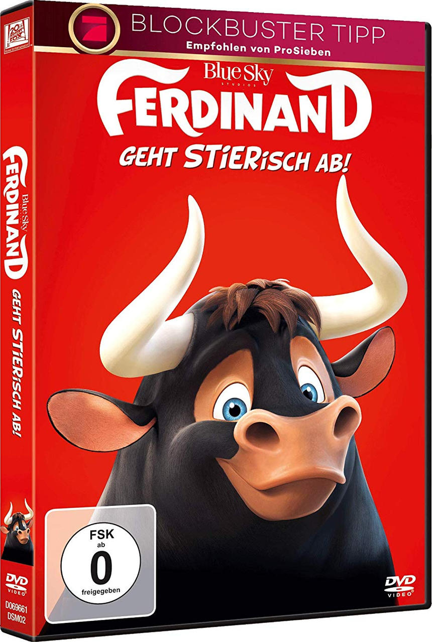 DVD-Hülle des Films Ferdinand mit einem Bullen auf dem Cover, roter Hintergrund, Text.