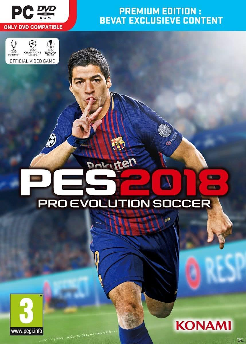 PES 2018 game cover with a soccer player. The player is making a shushing gesture, with logos and text.