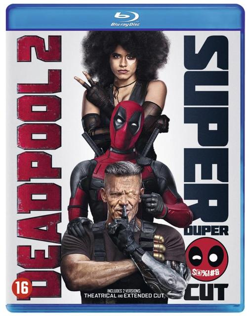 Filmover: Drie personages van Deadpool, met de titel 'SUPER DUPER CUT' op een blauwe doos.