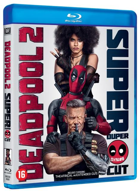 Deadpool 2 Blu-ray cover. Met Deadpool, Cable en Domino. Blauwe case.