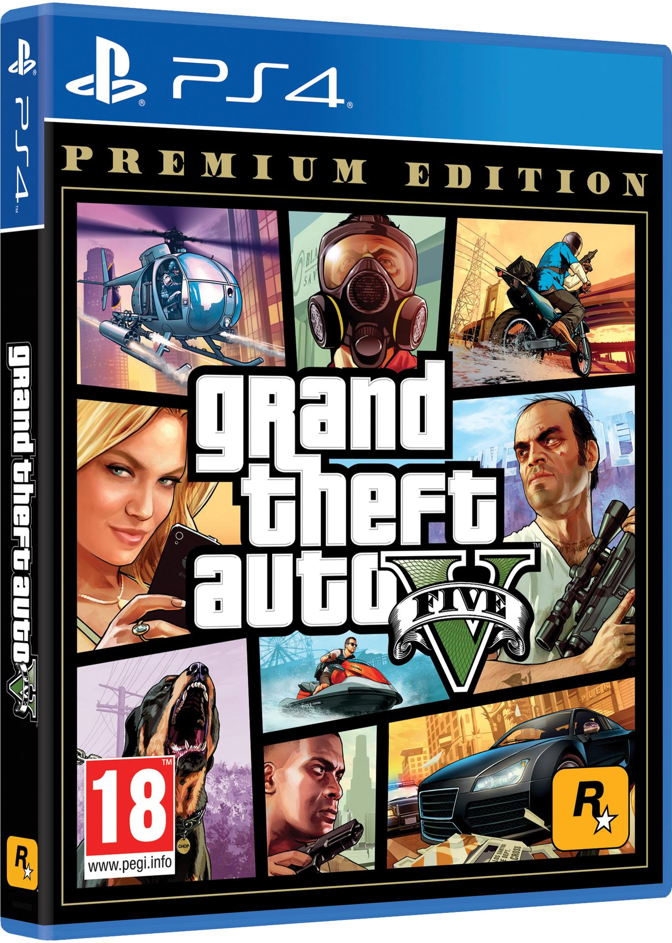Boîte de jeu Grand Theft Auto V PS4 montrant les personnages et les scènes du jeu.