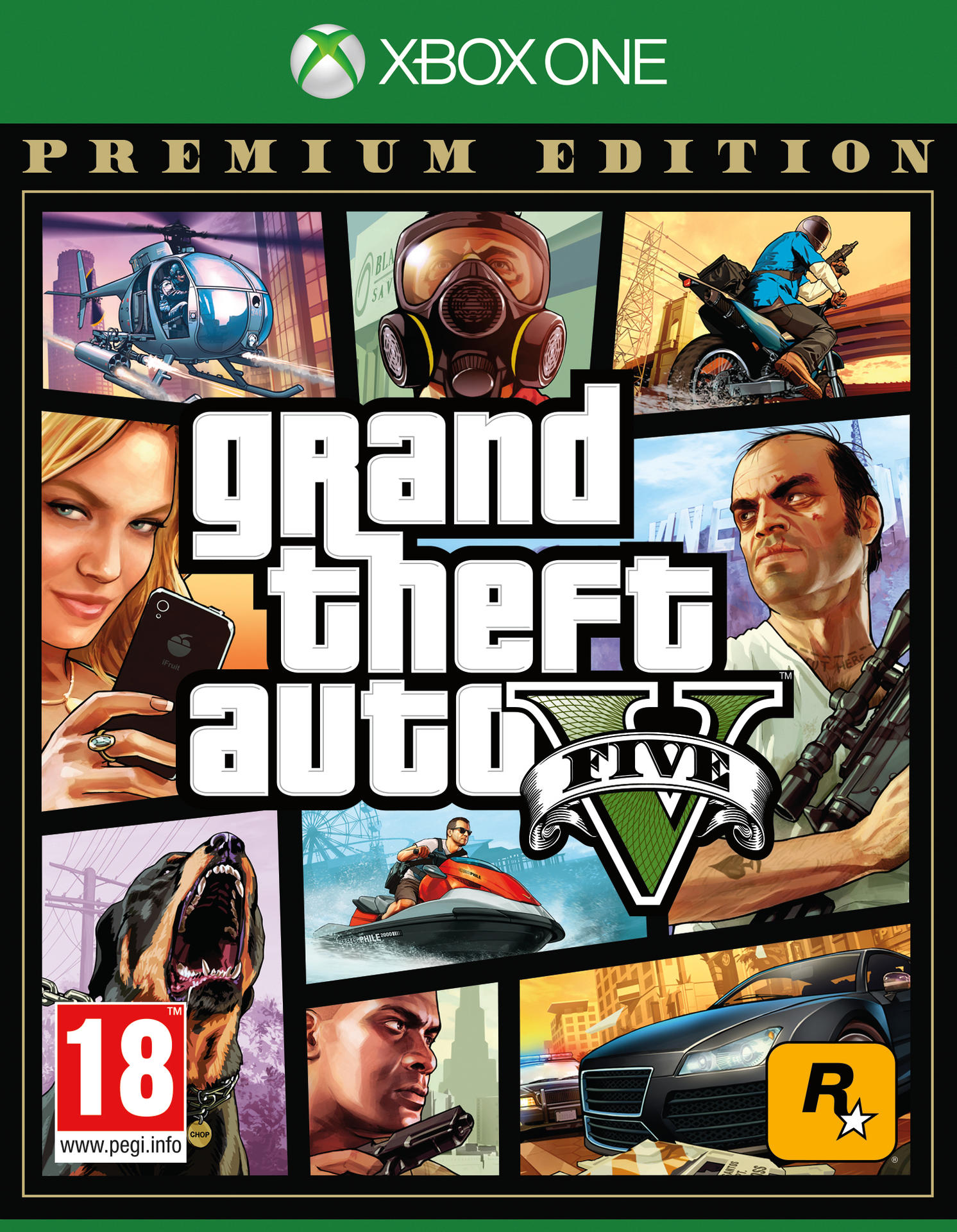 Grand Theft Auto V gamecover: meerdere personages en afbeeldingen, waaronder een hond en een auto.