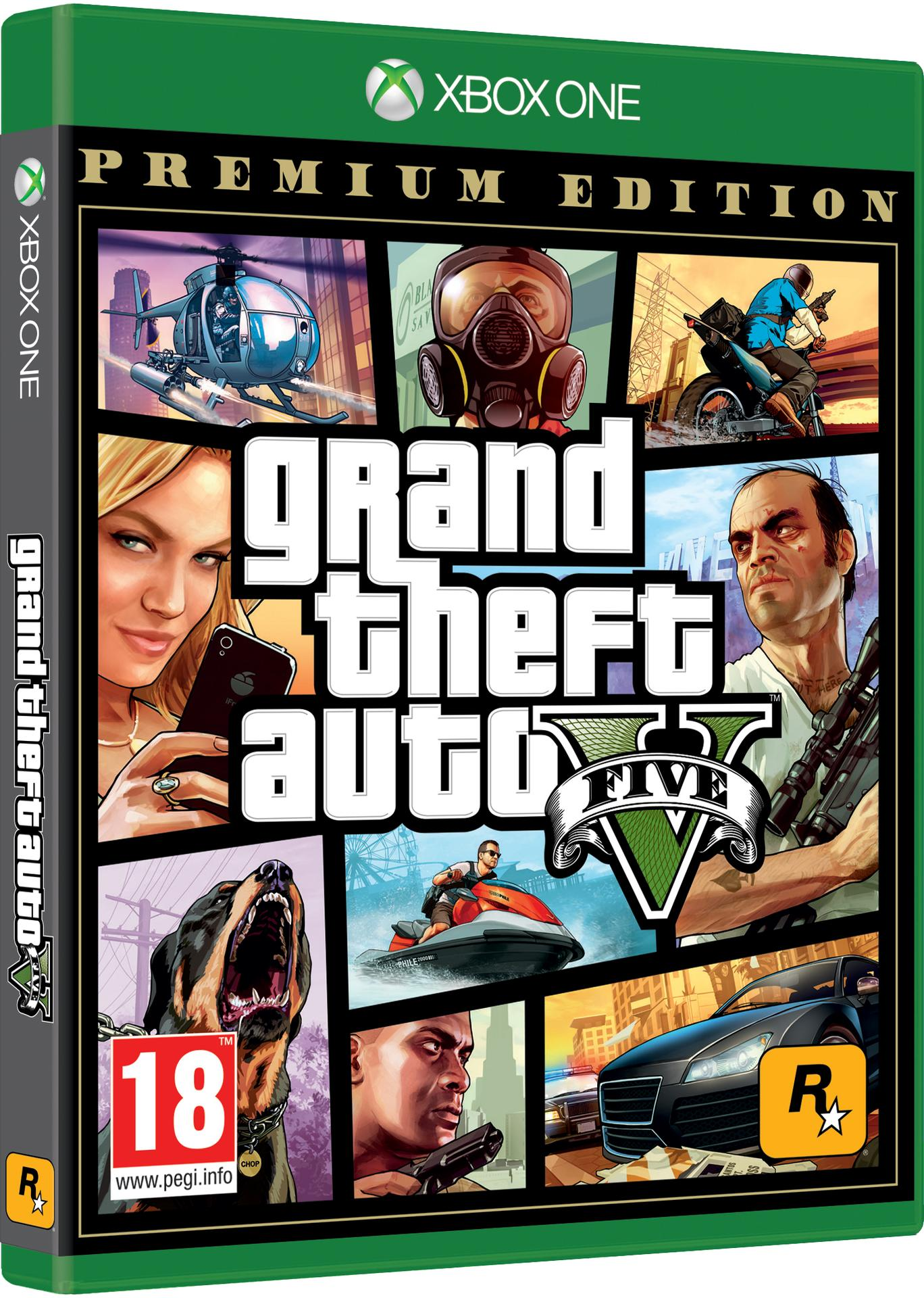 Grand Theft Auto V speldoos. Met personages en het gamelogo. Groene achtergrond.