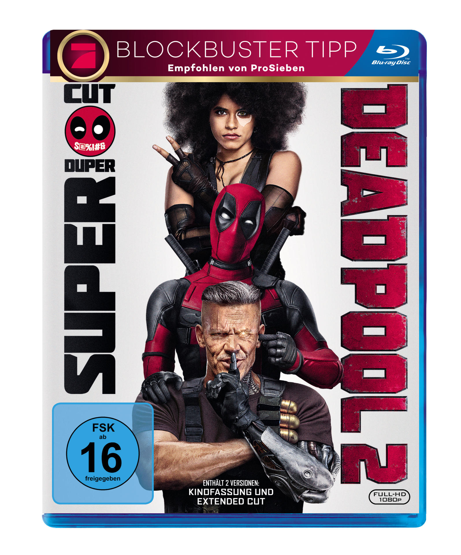 Deadpool 2 Blu-ray Cover. Deadpool, Cable, Frau und Text. Eine Bewertung von 16+ ist vorhanden.