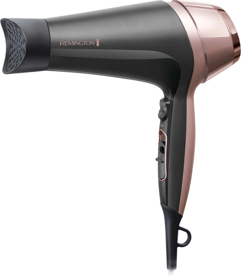 Black and rose gold hair dryer. The brand name 'Remington' is visible.