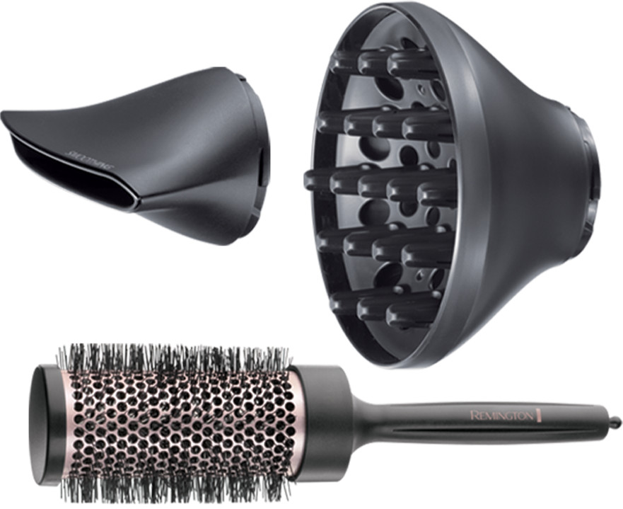 Hair dryer attachments, including a nozzle, a diffuser and a styling brush, all black.