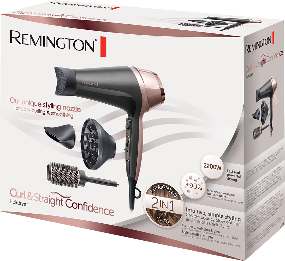 Box of Remington hair dryer with accessories. Includes dryer, nozzle, brush.