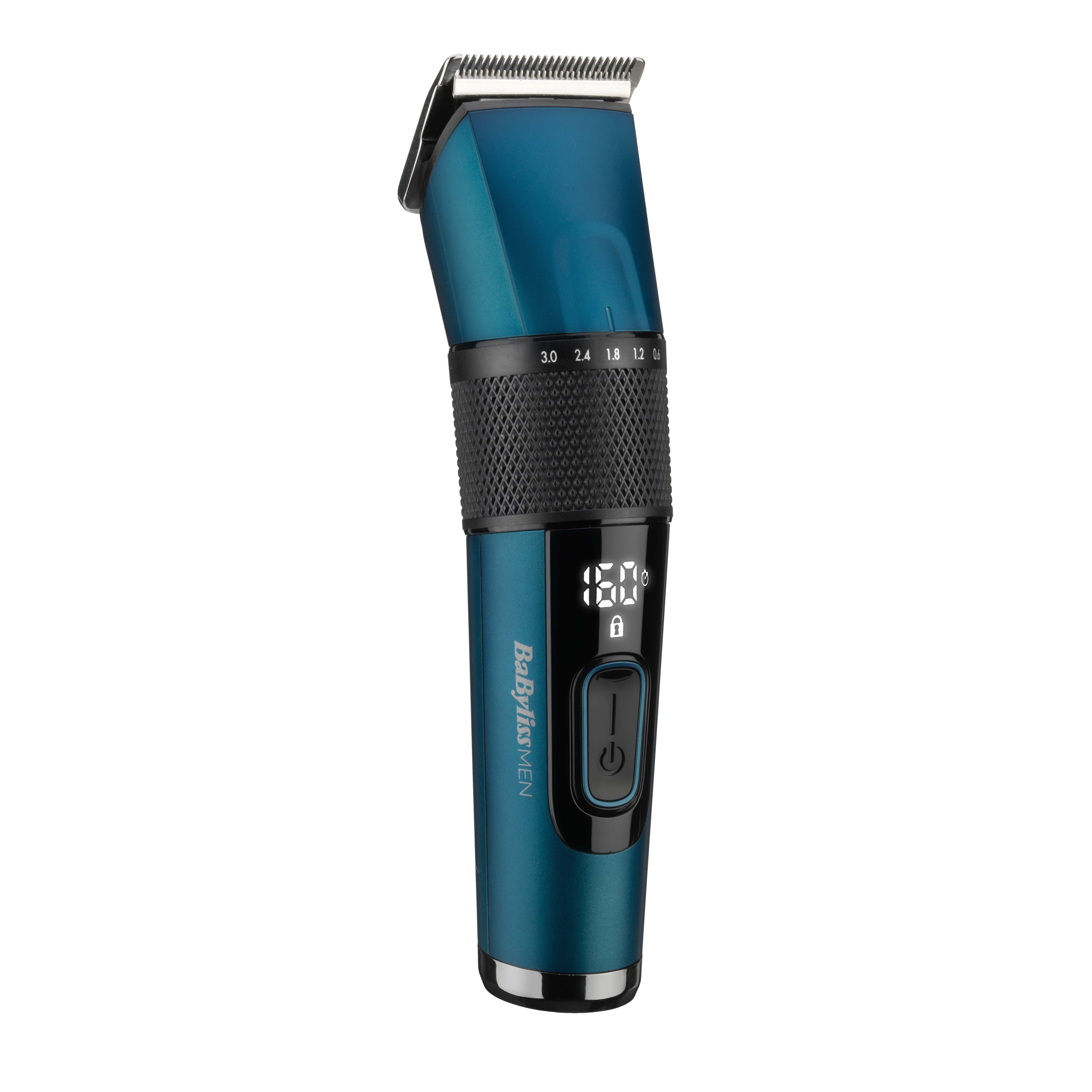 Teal and black hair clipper with digital display showing battery life.