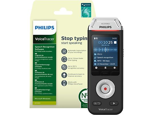 PHILIPS VoiceTracer DVT2810 - Enregistreur vocal (Noir/Chrome)