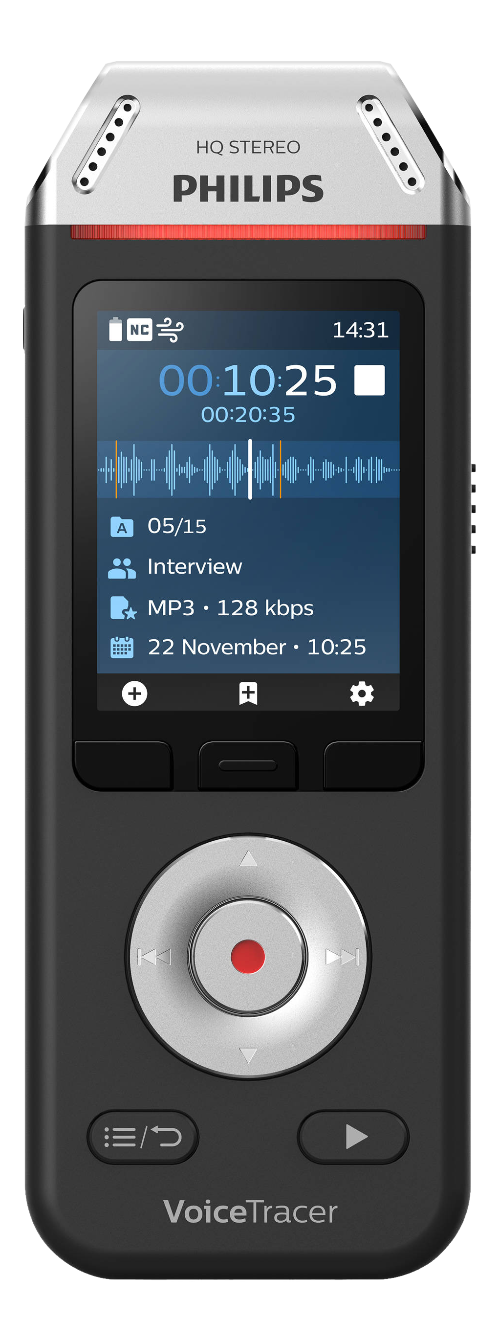 Schwarzer Philips VoiceTracer-Recorder mit Bildschirm und Knöpfen.