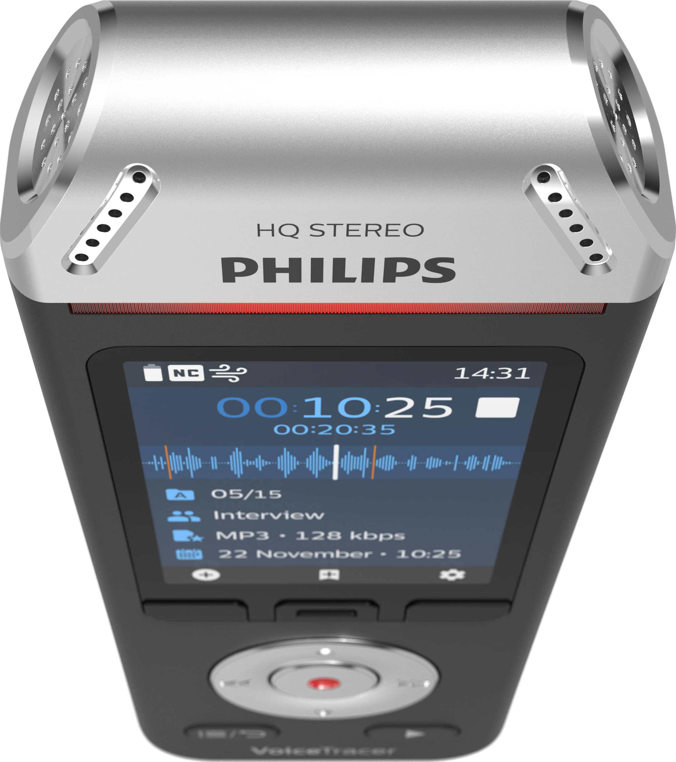 Ein silber-schwarzes Philips Diktiergerät mit digitaler Anzeige der Aufnahme.