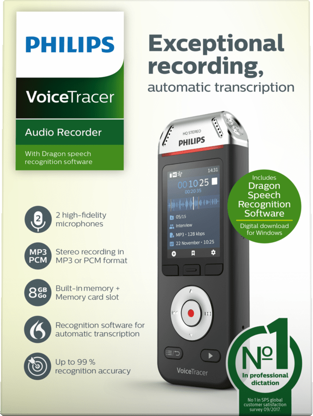 Philips VoiceTracer Audiorecorder mit Text. Funktionen: Dragon Speech Recognition Software.