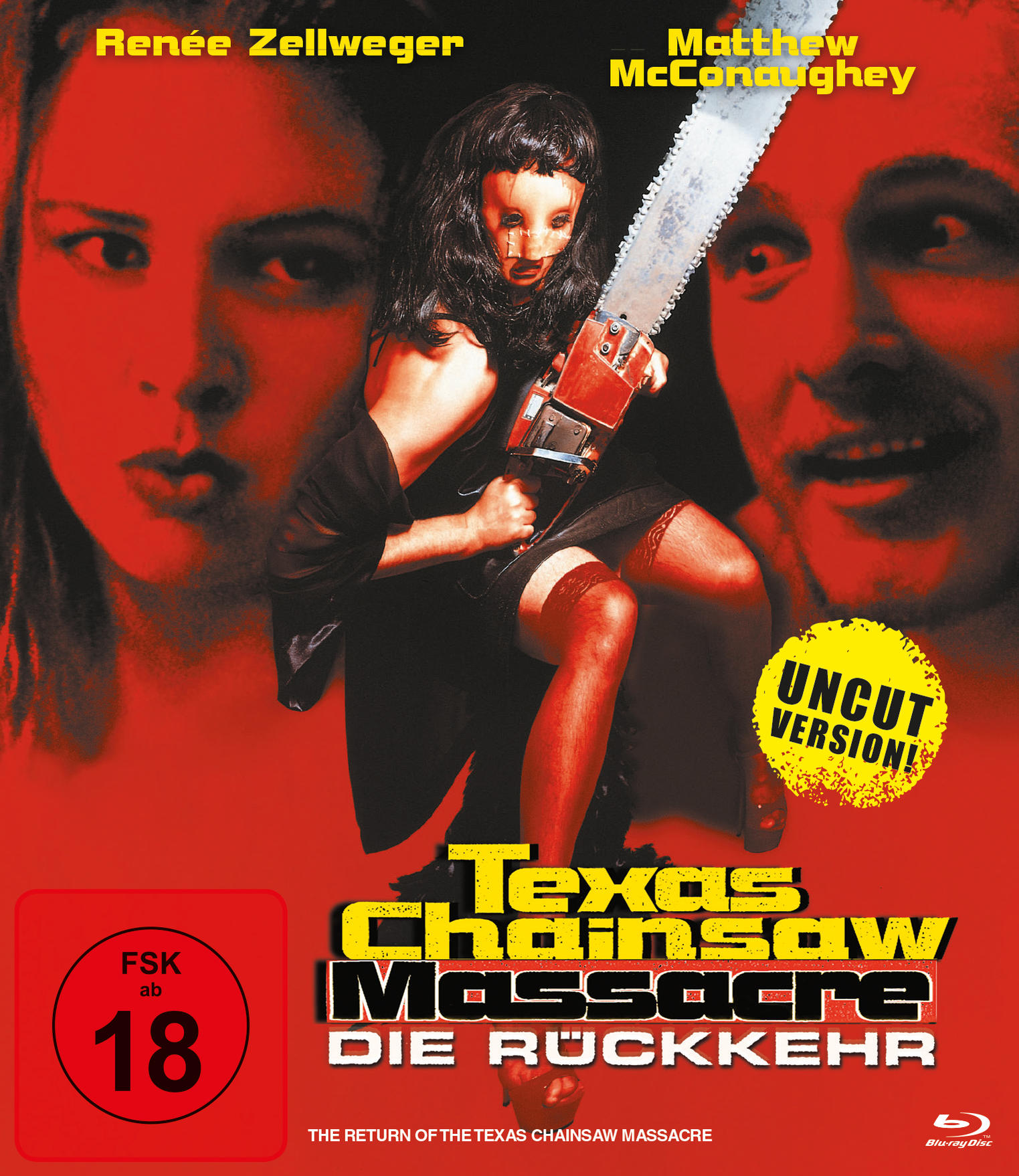 Texas Chainsaw Massacre DVD-Cover mit Schauspielern und Kettensäge.
