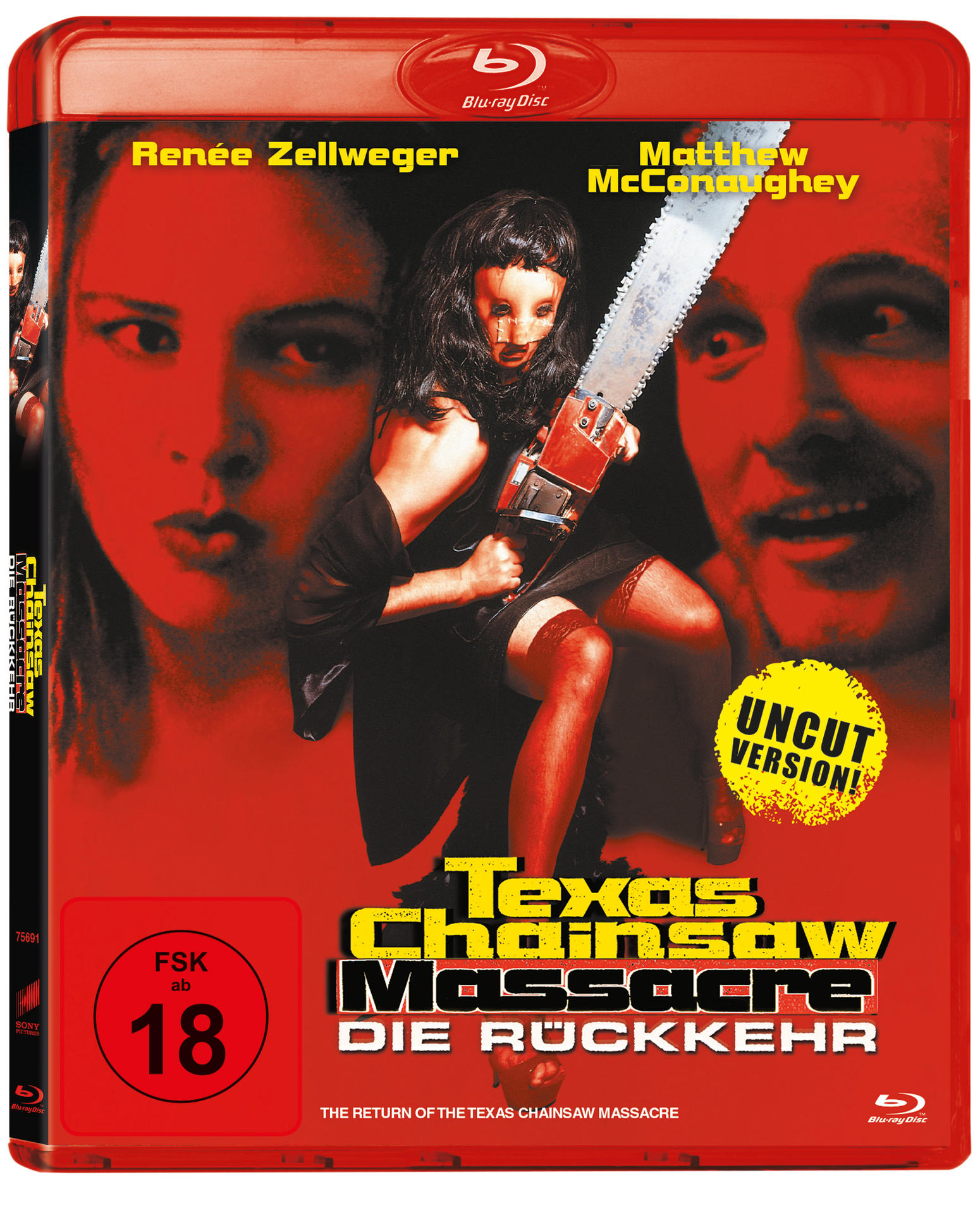 DVD-Cover des Films Texas Chainsaw Massacre, mit Schauspielern und einer Kettensäge.