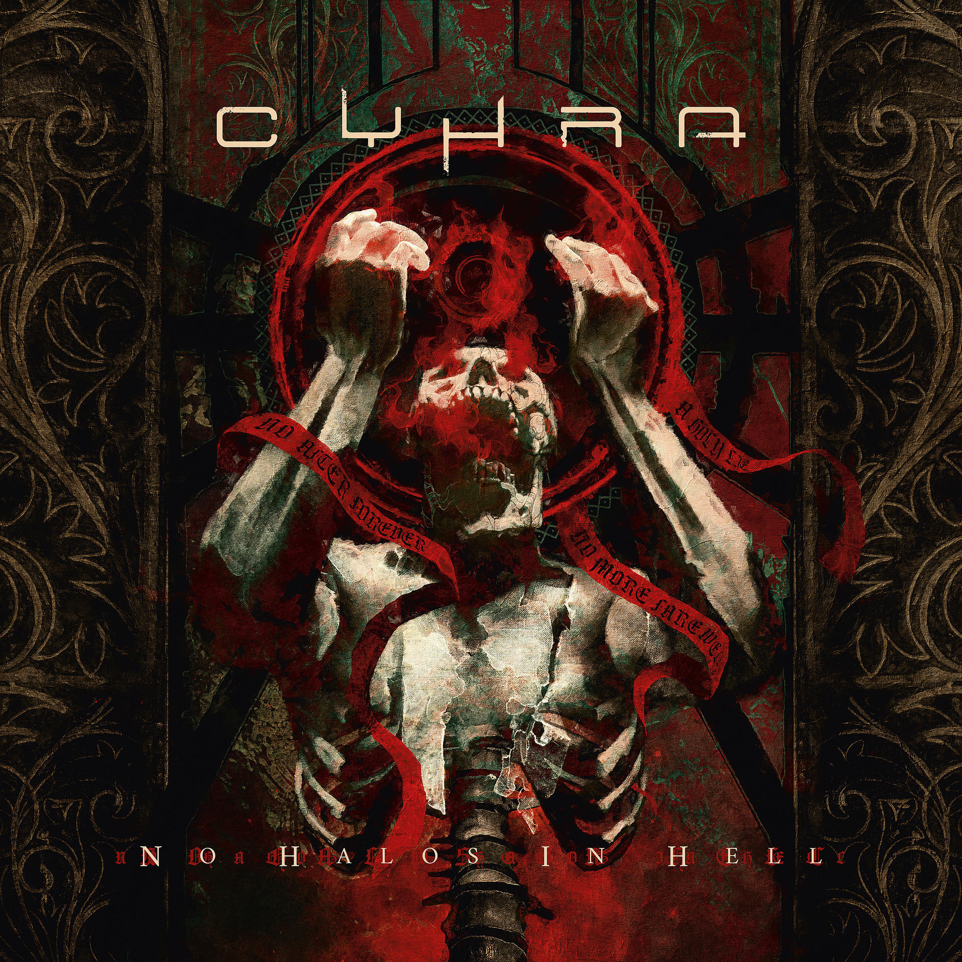 Albumcover mit einer Skelettfigur, einem roten Band und dem Text "No Halos in Hell" und "Cyhra".