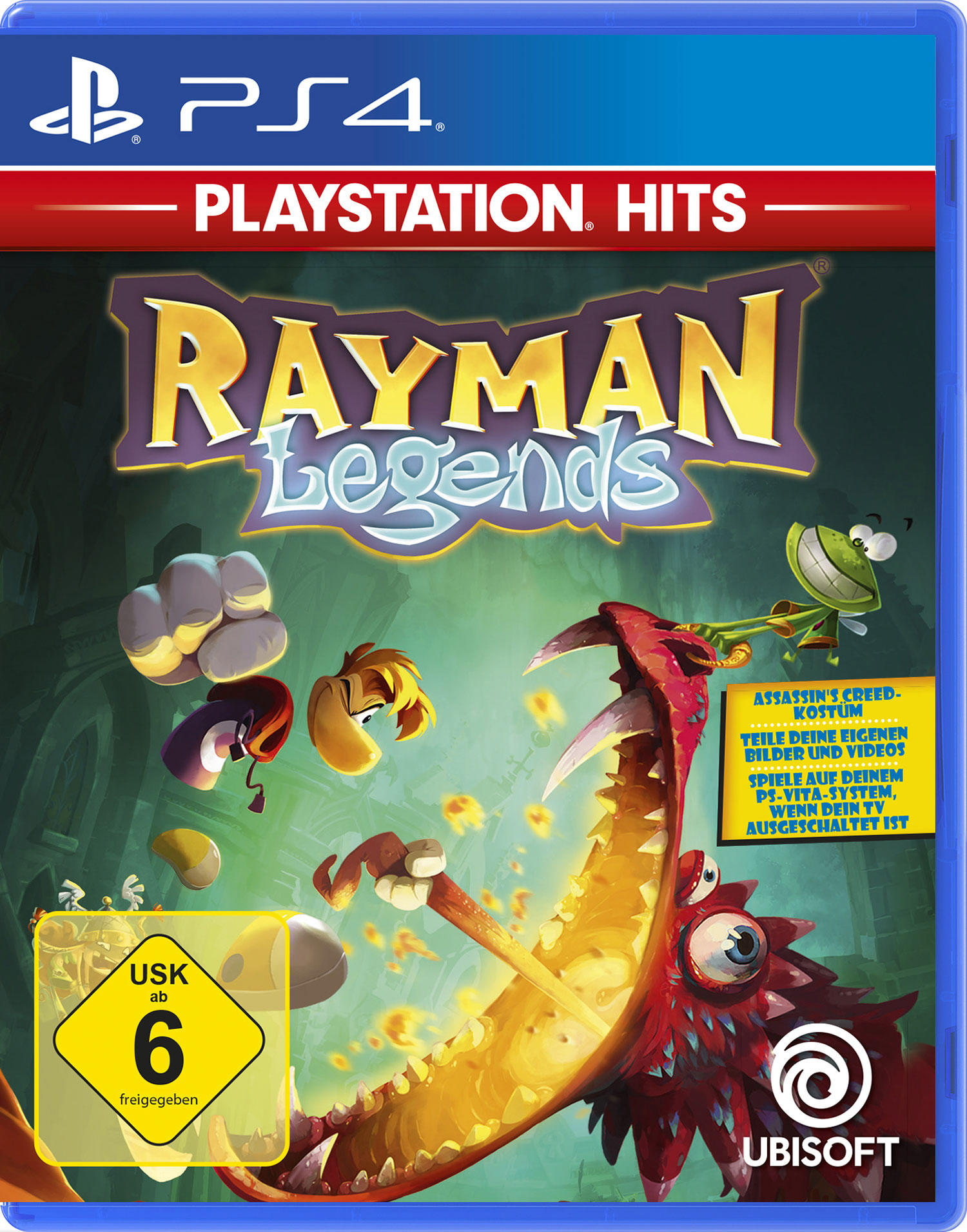 Rayman Legends PS4-Spielcover. Eine lebendige Cartoon-Szene mit einem Drachen und Rayman.