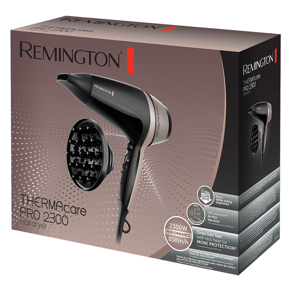 Zwarte haardroger met diffuser, op een doos met productdetails. Merk Remington.