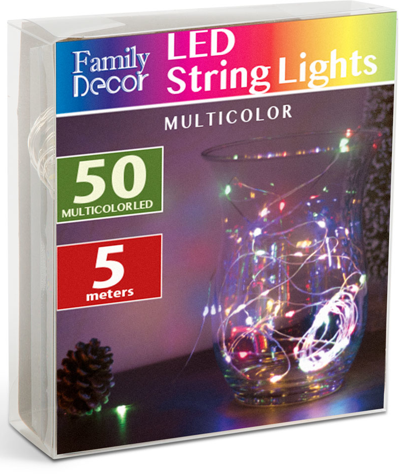Family Decor LED füzérfény átlátszó dobozban, üvegvázával és tobozzal.