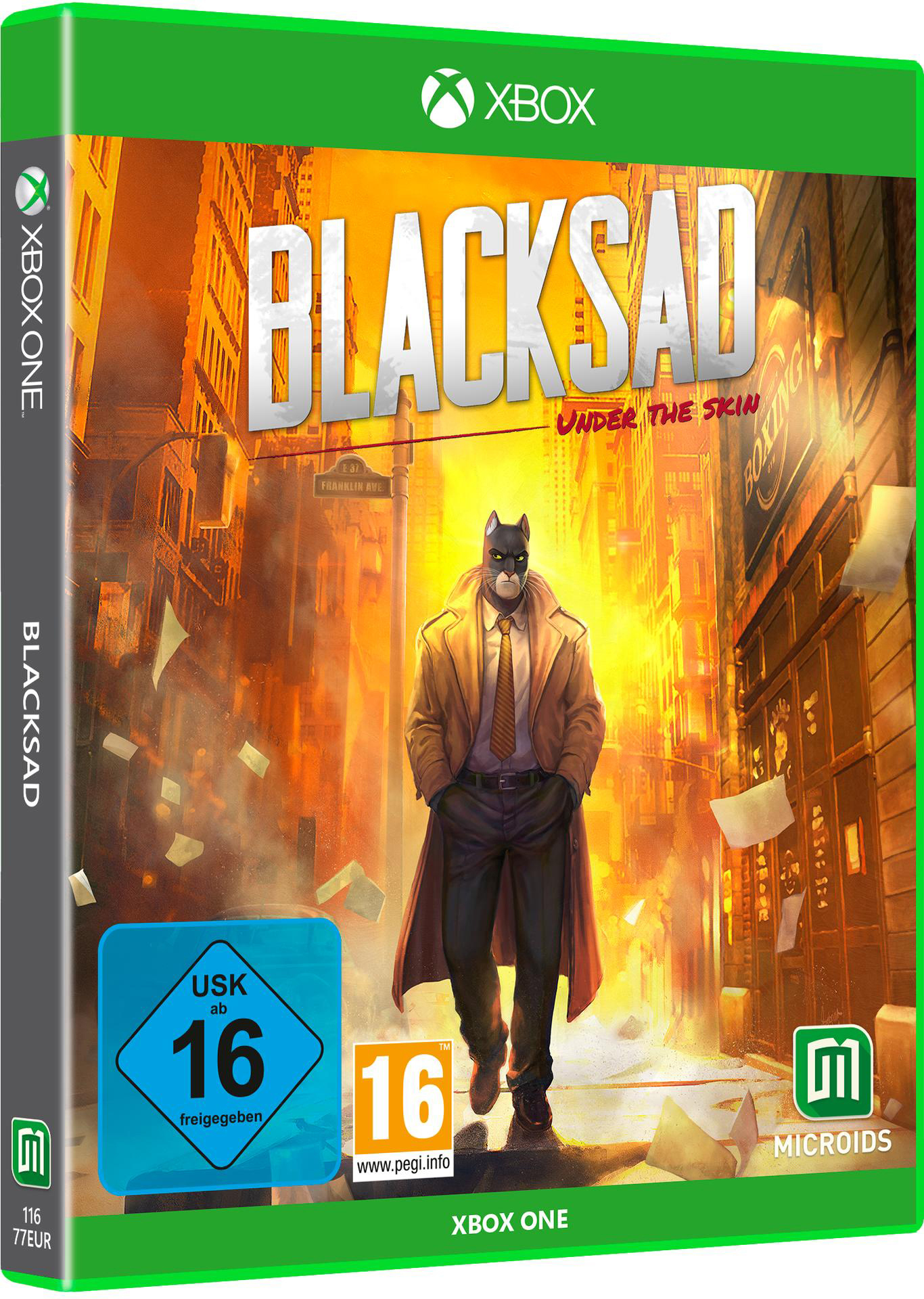 Xbox One-Spielcover für Blacksad: Under the Skin. Eine katzenartige Figur steht auf einer Straße.