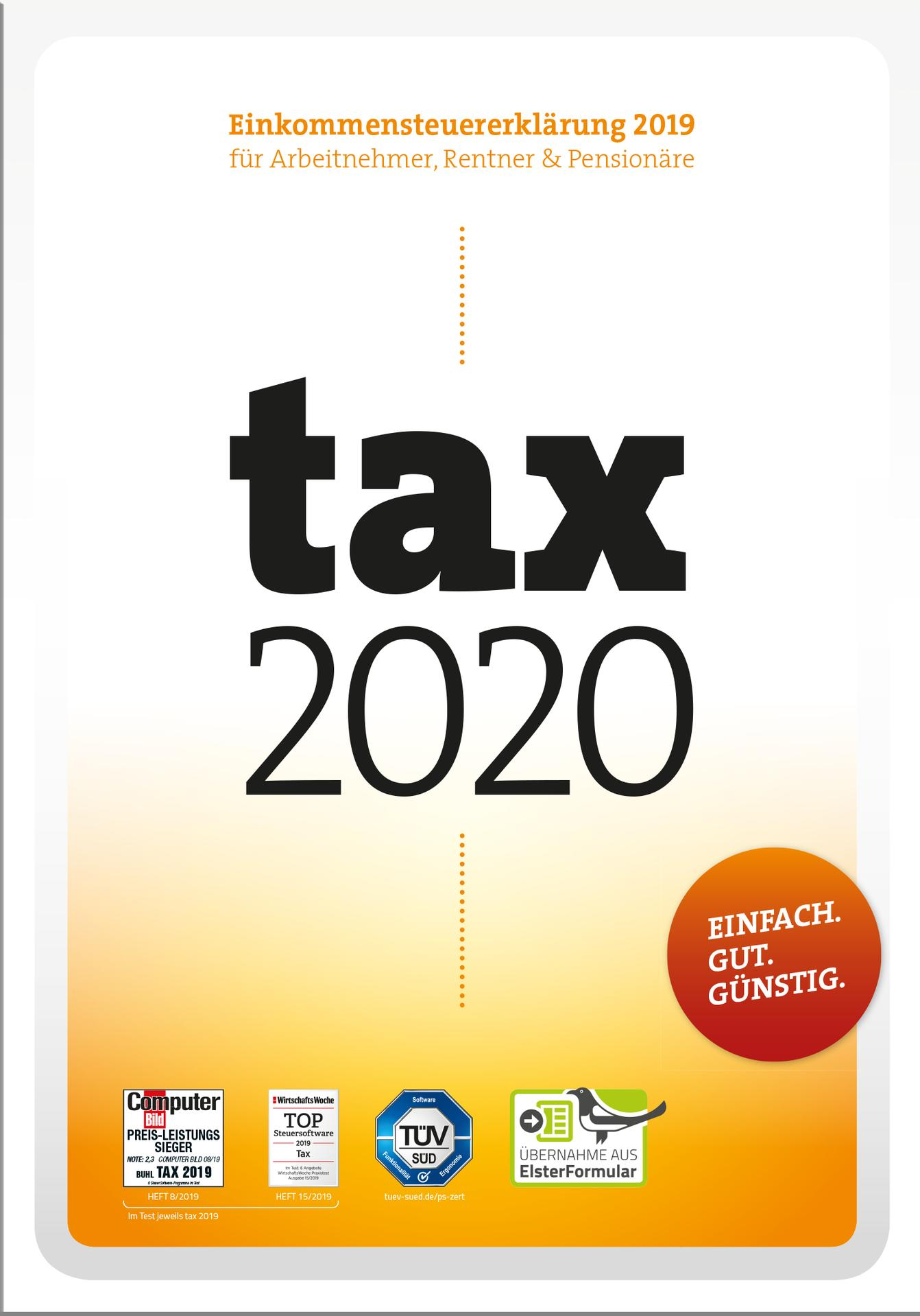 Steuer 2020-Cover. Text, Logos und ein Kreis mit 'Einfach. Gut. Günstig.' auf weißem Hintergrund.