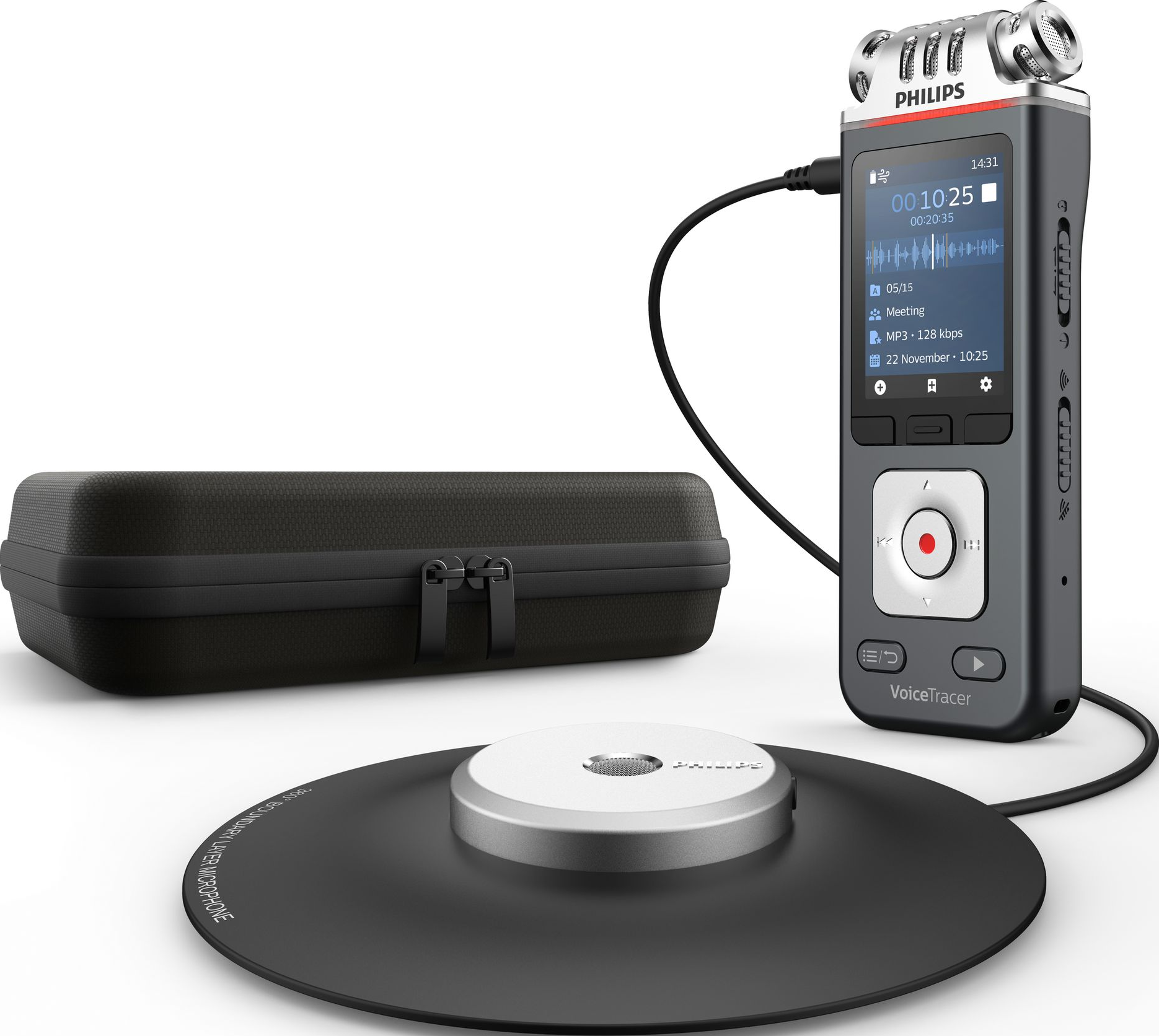 Ein schwarzes und graues Philips VoiceTracer mit Zubehör, darunter eine Hülle und ein Mikrofon.