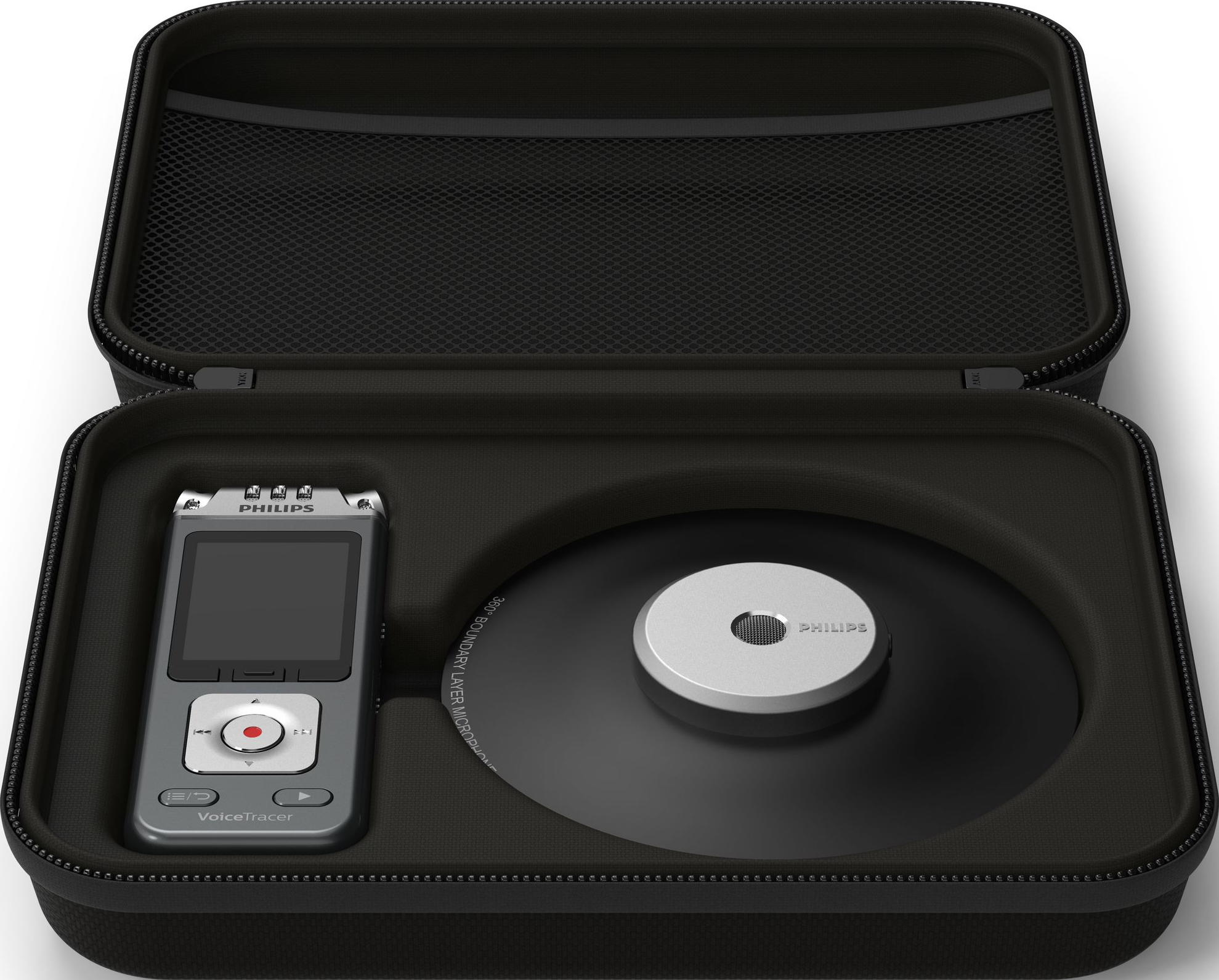 Philips VoiceTracer-Recorder und Zubehör in einem schwarzen Koffer mit Reißverschluss.