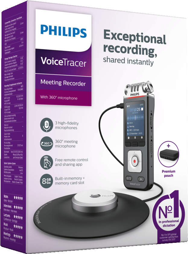 Philips VoiceTracer Rekorderbox mit Rekorder, Tasche und Produktinfo.
