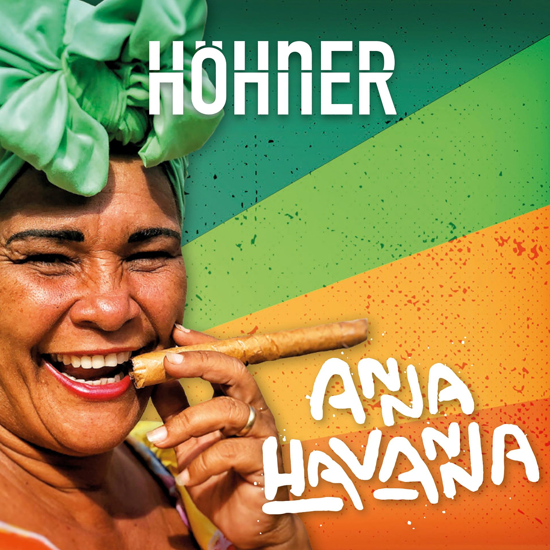 Albumcover von 'Ana Havana'. Frau raucht Zigarre, lebendiger Hintergrund mit Text.