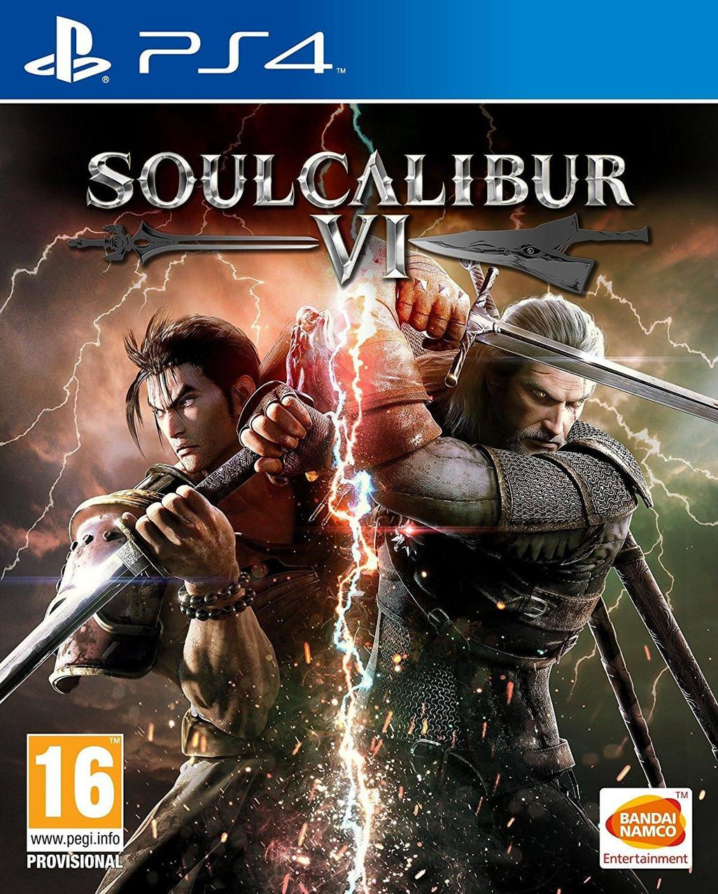 Portada del juego Soul Calibur VI. Dos personajes empuñando espadas, logo de PS4, título del juego y clasificación por edad.