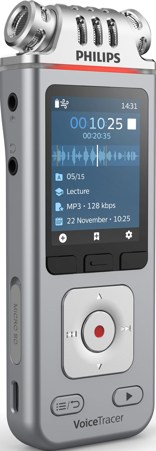 Silberner Philips VoiceTracer digitaler Diktierrekorder. Er hat einen Bildschirm, Tasten und ein Mikrofon.