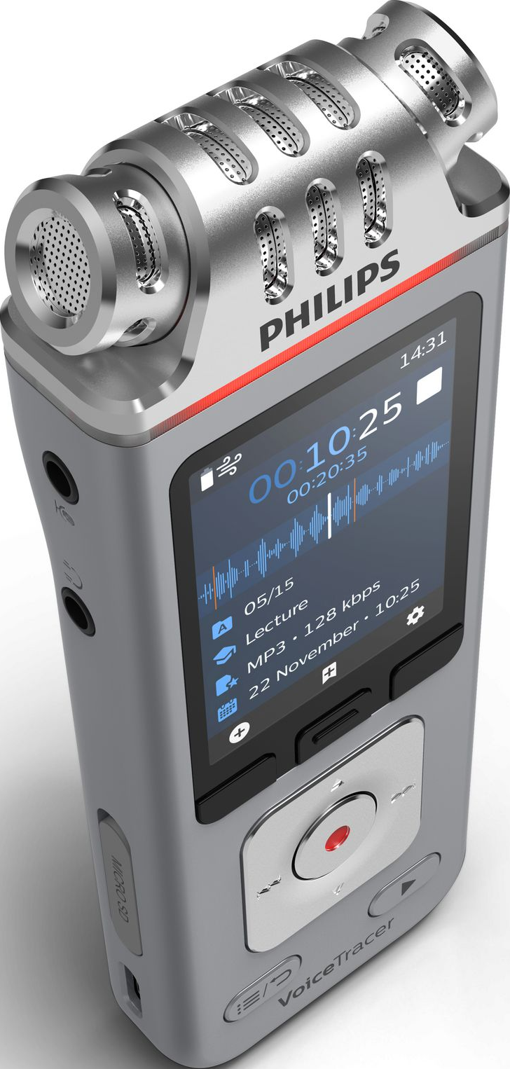Silber-grauer digitaler Sprachrekorder mit schwarzem Bildschirm, Tasten und Mikrofon.
